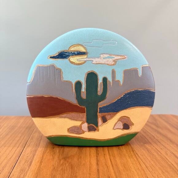 Vintage Handmade Southwest Pottery Vase Desert Cactus Adobe House Mountains 1993 - Picture 1 of 10